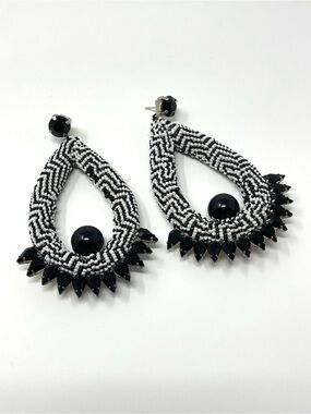 New Anthropologie Chevron Beaded Teardrop Earrings Black White